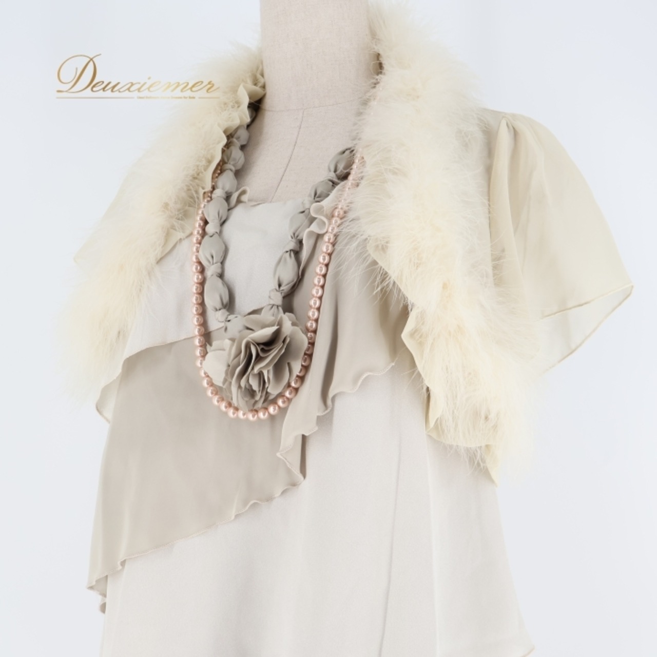 パーティドレス ワンピース ドレス グレイ系 アプレジュール apres jour グレー アイボリー くすみ お呼ばれ パーティ 発表会 フォーマル ファー レース 軽い 薄い 無地 上品 シンプル レディース お洒落 結婚式 二次会 高級感