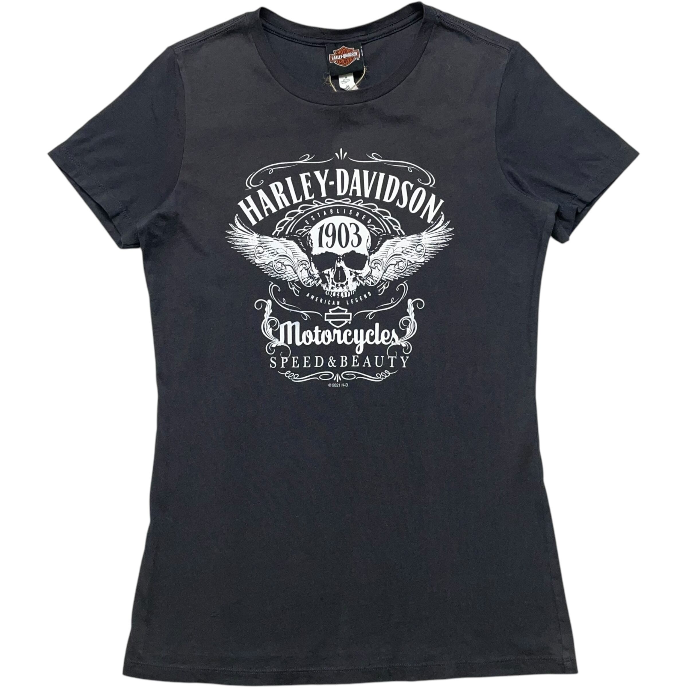 《XL レディース》 Harley-Davidson ハーレーダビッドソン Tシャツ 両面プリント スカル ブラック no.6813