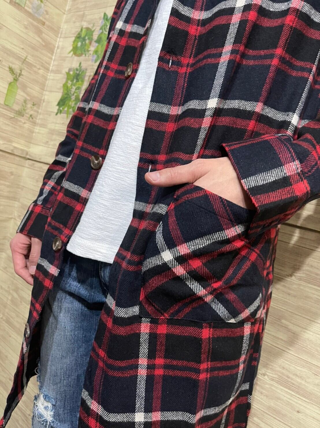 ロングチェックシャツパーカー Red Blue Work ロングチェックシャツパーカー Red Blue Work
