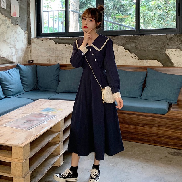 レトロワンピース セーラー風 ビッグカラー 襟 大人可愛い ガーリー 甘め オルチャン 韓国ファッション ｇｄｒ