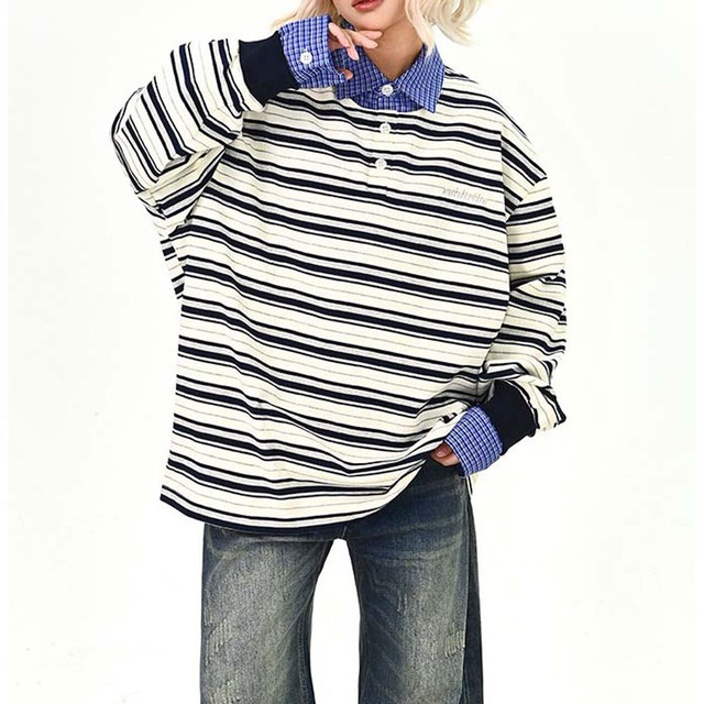 ボーダーレイヤードストリートトップス 2col   R01495