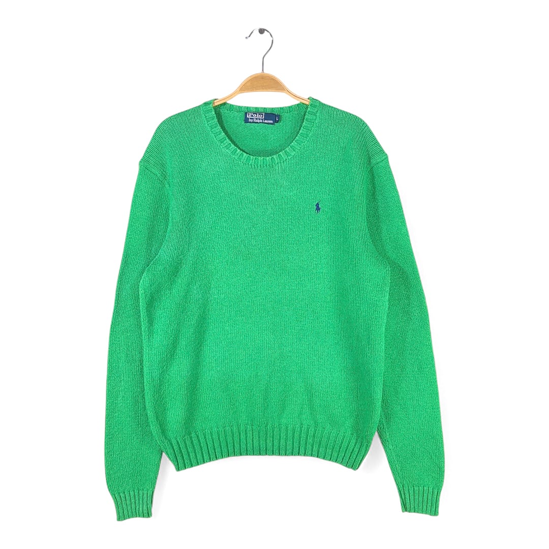 90s ラルフローレン コットンニット クルーネックセーター グリーン ワンポイントロゴ ポニー刺繍 オールド RALPH LAUREN メンズL 古着 @CH1088