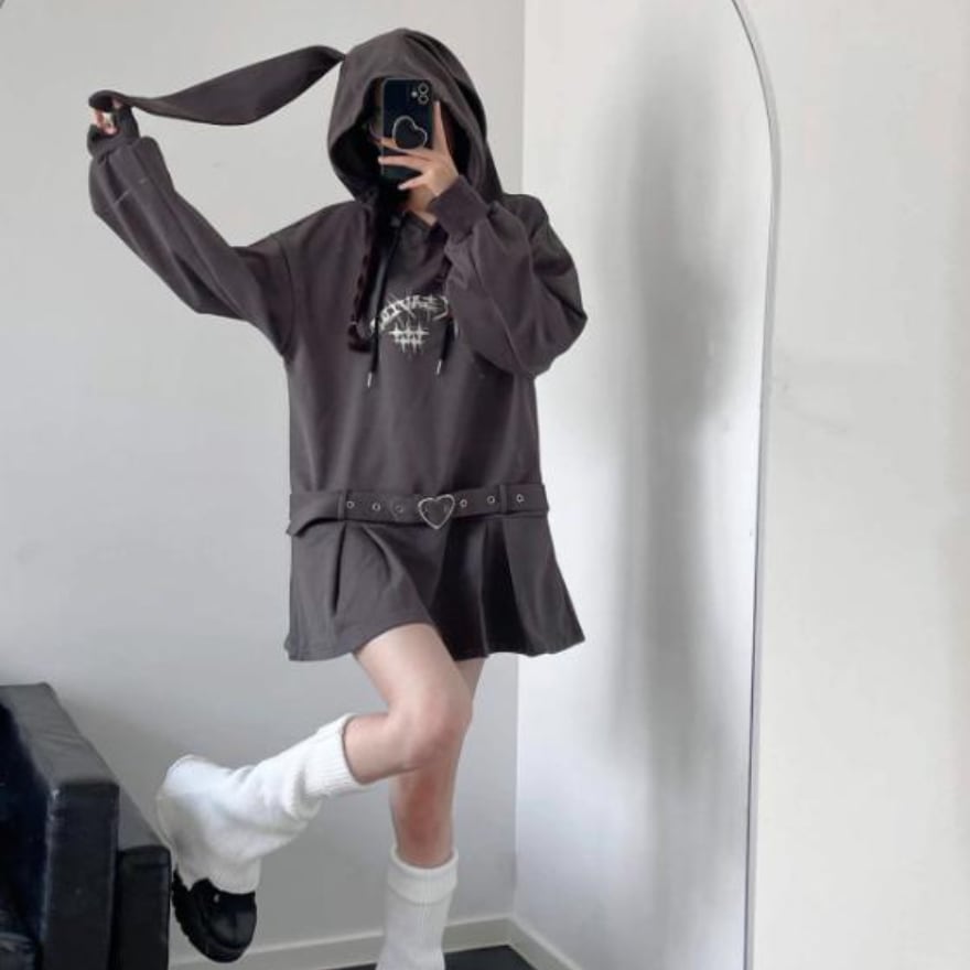 サブカル 服 地雷系 通販 pinksavior オリジナル フーディ パーカー ウサギ耳 ロング丈 ベルト付き 闇かわいい バンギャ