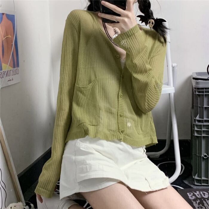 スタンダードルーズカーディガントップス スタイルソリッド カラー薄手カジュアルシャツ ロング レトロ かわいい ソリッドカラー ケッペル56646780206