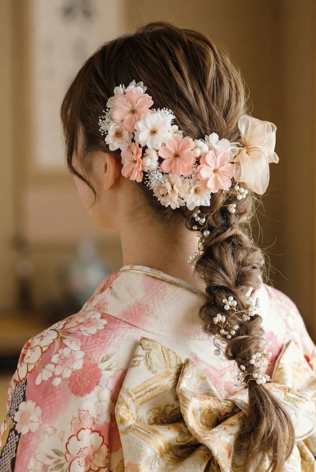 　Zinnia（ジニア）リボン髪飾り　小枝ビジュー　　卒業式　　袴　 振袖　成人式　白無垢　色打掛　和装　ヘアパーツ　ヘッドドレス　白無垢