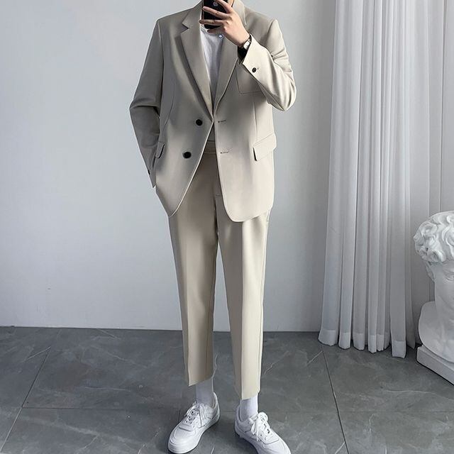 【予約販売】メンズ スーツ シングル シンプル 無地 シック スリム きれいめ 男前 オフホワイト フォーマル ジャケット パンツ セット セットアップ パーティ 二次会 同窓会 結婚式 韓国 トレンド 大きいサイズ S/M/L