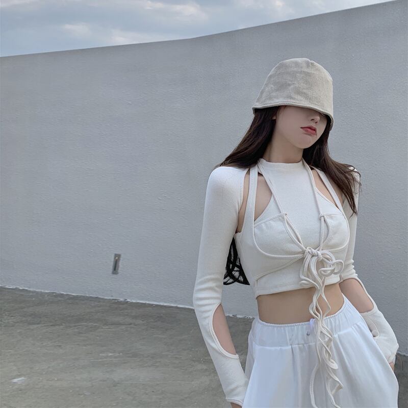 センスホローニットTシャツレディース秋セクシータイトフィット長袖ボトミングシャツホワイトショートトップ ブラックストロベリース79061017050