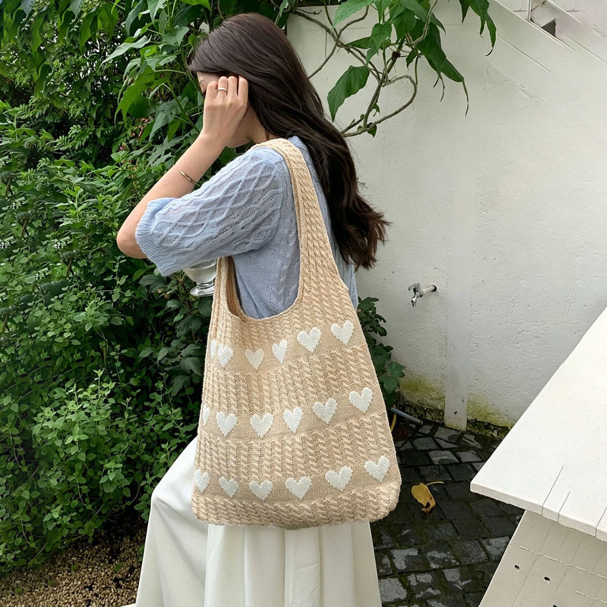 ハート柄 ニット トートバッグ レディース 韓国 大容量 A4 バッグ 折りたたみ 大人 かわいい フェミニン 軽量 ワンショルダー 通勤 通学 エコバッグ 大人可愛い 大人女子