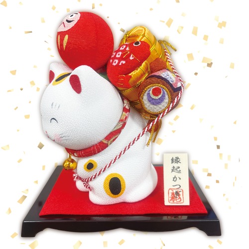 縁起かつぎ招き猫 縁起尽くし 台付き手作りちりめん細工