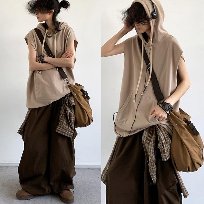 jiwuus薄茶色フード付きノースリーブTシャツ | PAY ID