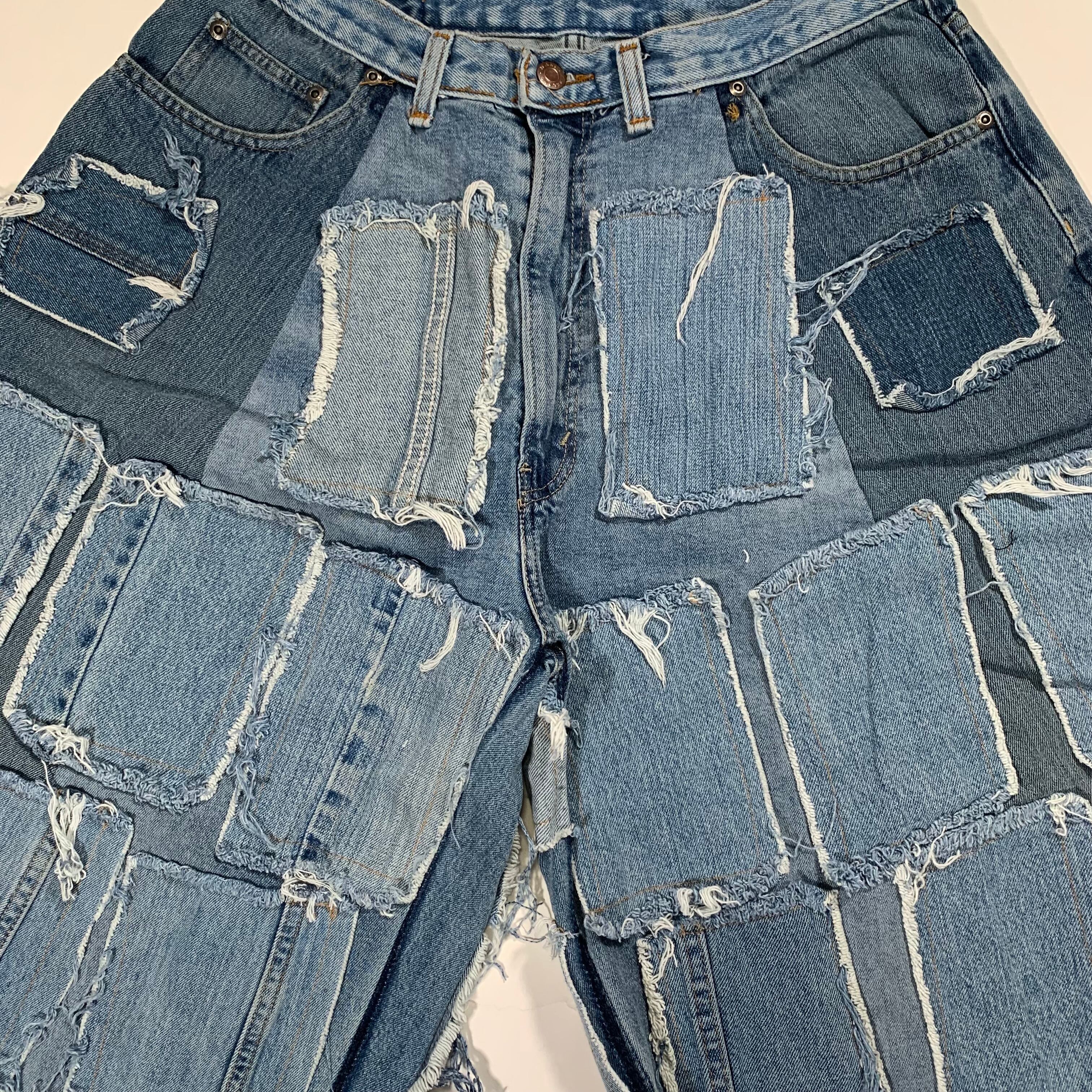  パッチワークデニムパンツ リメイク 11371 リメイクデニム 再構築 パッチワーク ハーフパンツ W31 | San