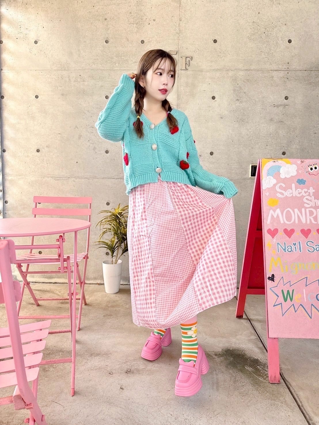 ピンクギンガムチェックフレアスカート/レディースファッション/韓国