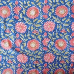 ブロックプリント生地【50cm単位】インド綿 花柄 青×オレンジ #11310-BL1