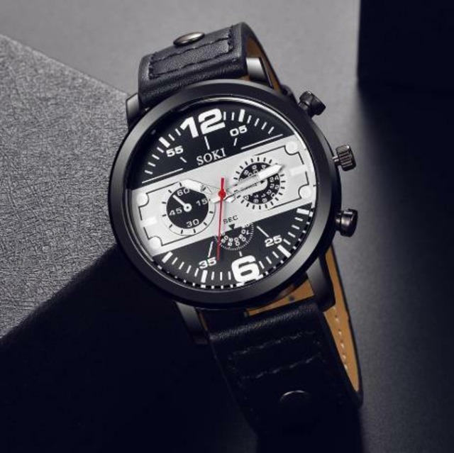 メンズ　腕時計　ビッグダイヤル　ブラック　黒　クォーツ時計　革　ミリタリー　スポーツウォッチ　高級　Lynn-84-black