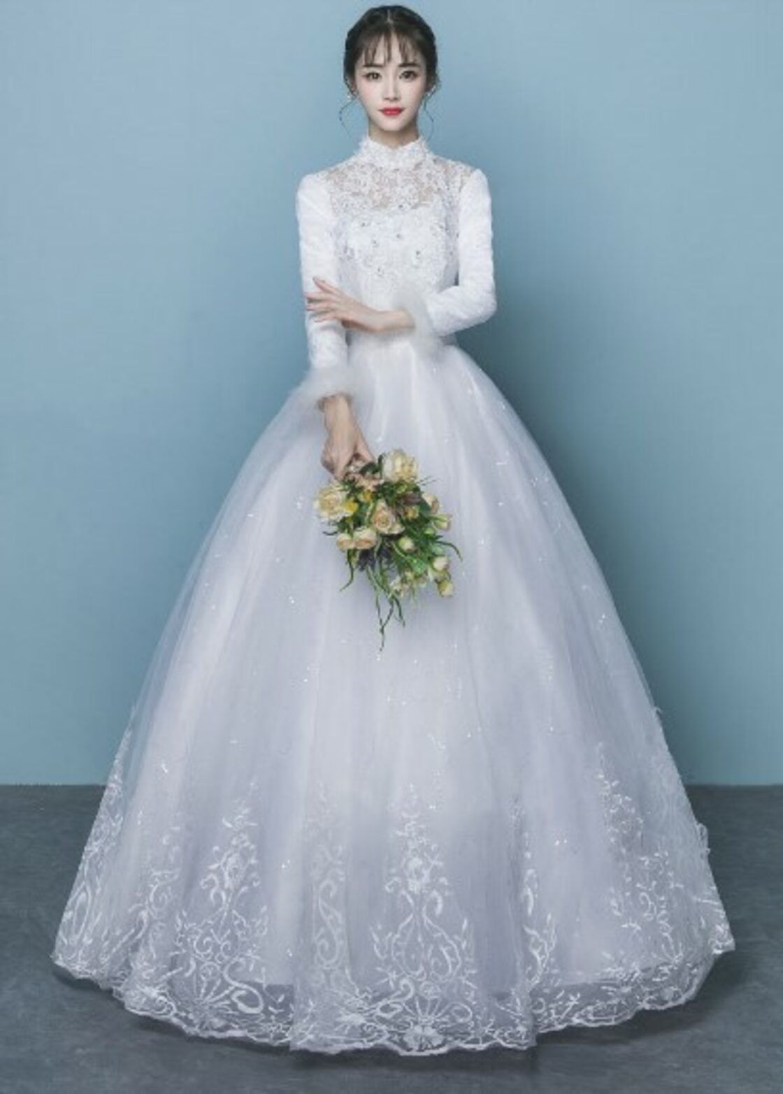 エレガント ウエディングドレス ホワイト レース ロング 長袖 優雅な  