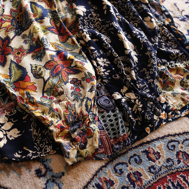 "ツギハギ" embroidery multi panel pattern l/s rayon shirt