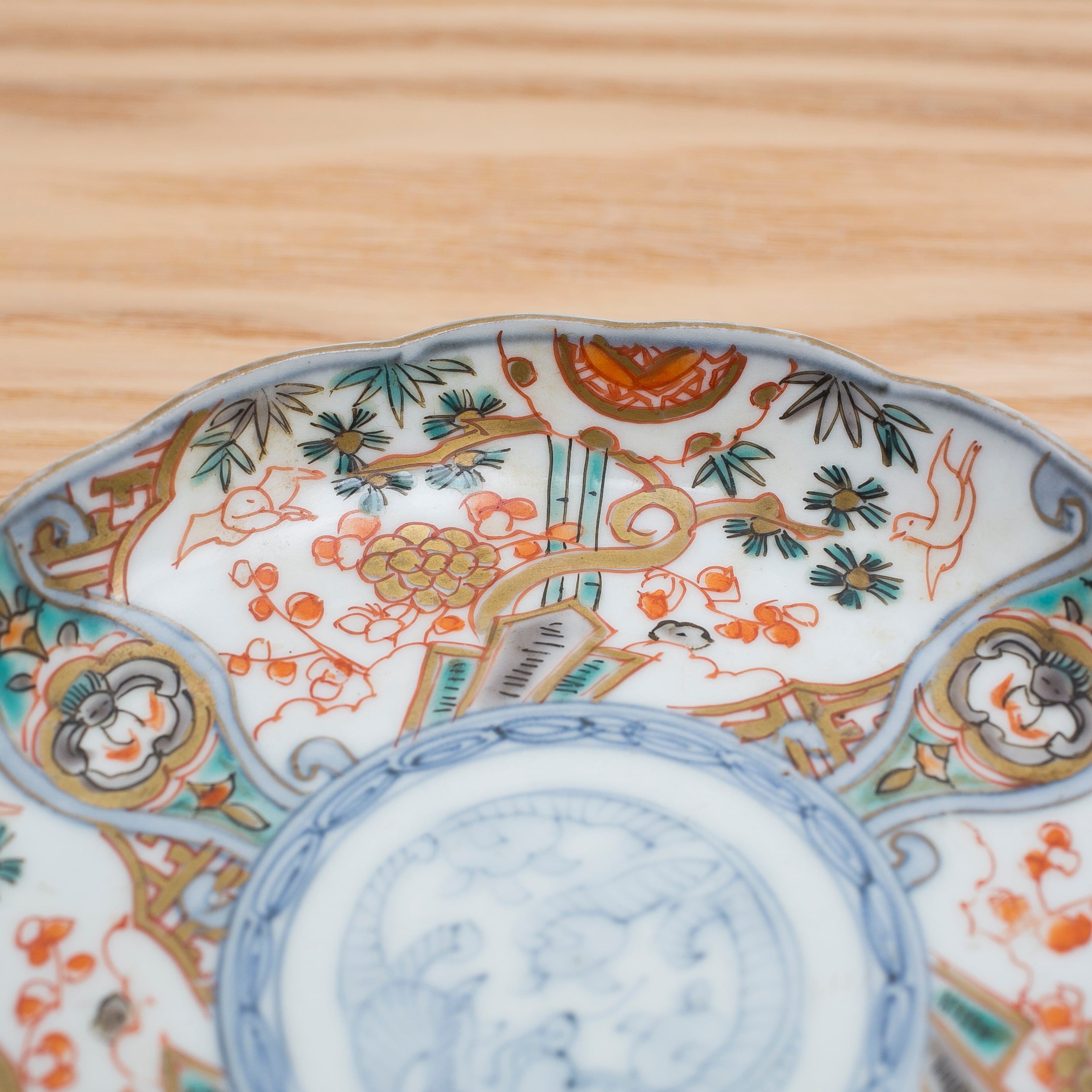 伊万里 色絵 花鳥図 輪花 手塩皿 龍 松竹梅 宝珠 霊芝 宝尽くし 角富