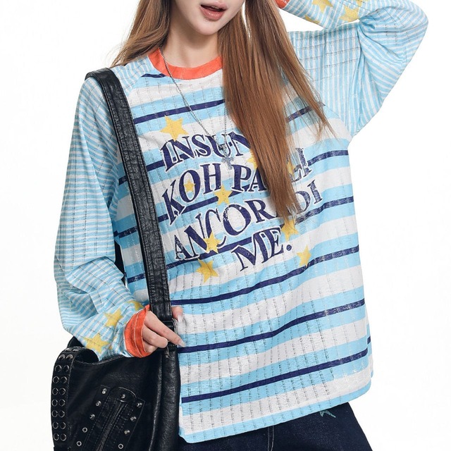 スターモチーフチェックボーダーグラフィックロングスリーブTシャツ 2col R02567