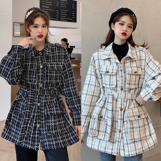 コート レディース アウター チェック柄 カジュアル かわいい ブラック/ホワイト M/L