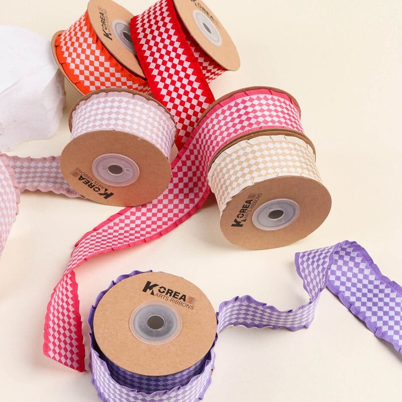 ダイヤ柄 リボン 幅約25mm フリル縁 布 ひし形 01040015 ハンドメイド