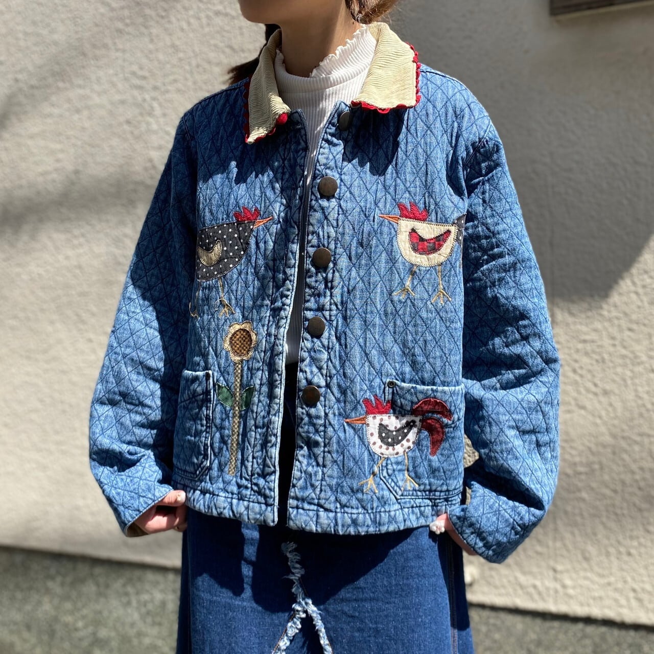 Haik S 刺繍 キルティング コーデュロイ襟 デニムシャツジャケット レディースl相当 古着 にわとり 花 アップリケ デニムジャケット Sa24 Cave 古着屋 公式 古着通販サイト