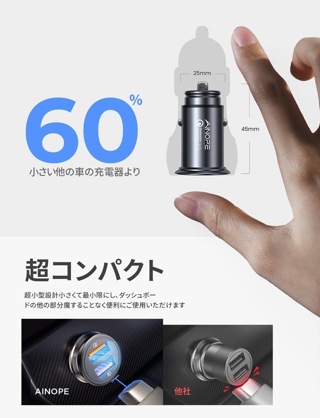 【2024超ミニデザイン】AINOPE シガーソケット usb【全金属/軽量】カーチャージャー 車 充電器 USB 2ポート 4.8A 24W 12V/24Vに対応 iPhone 16 /15 /14/13/SE/12/11/X/8 Xperia Samsungなどスマホに対応 ブラック