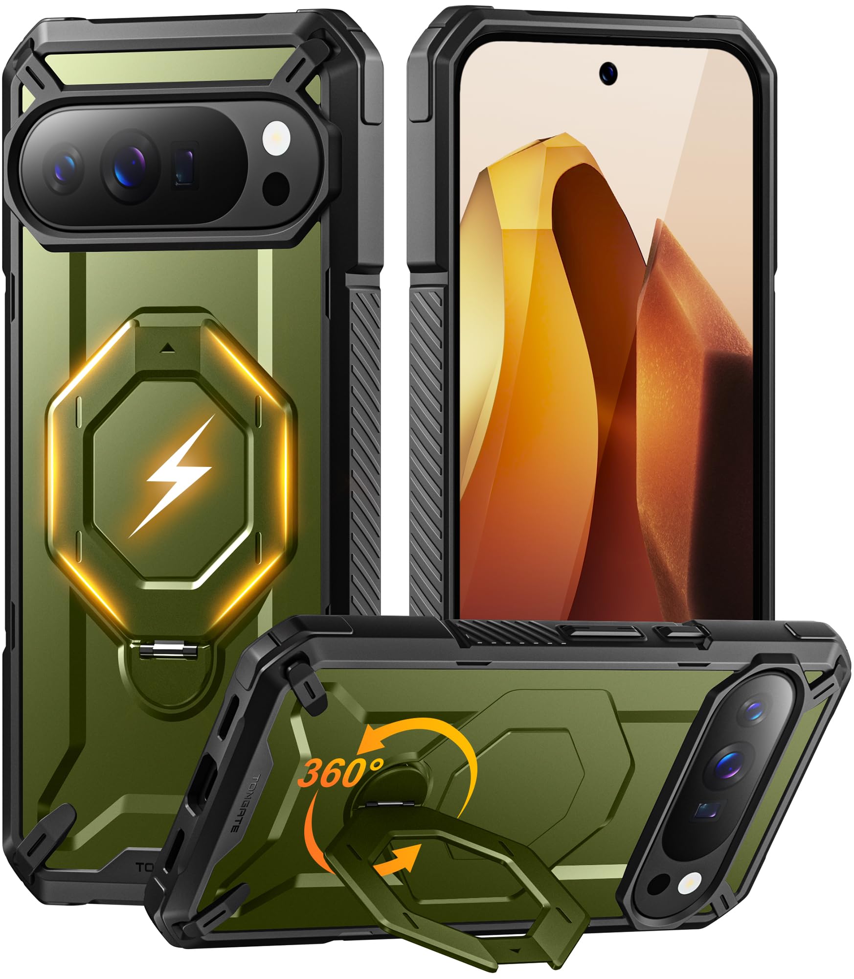 TONGATE Google Pixel 10 Pro XL ケース 360°回転マグネットスタンド付き、MagSafe対応、滑り止めエッジ、頑丈、Pixel 10 Pro XL用 軍用規格保護ケース、グリーン