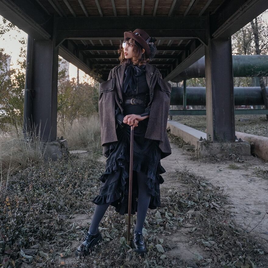 With U ゴスロリ系 蒸気大陸 スチームパンク ａライン ロングスカート レース ブラックストライプ ジャガード生地 豪華 高見え 舞台衣装 イベント コンカフェ コスプレ ゴスロリ服 病み服 ゴスロリファッション With U