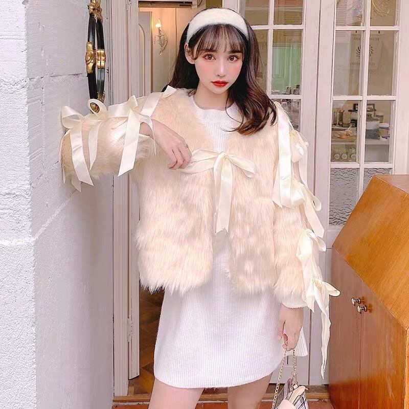 リボン 毛皮 ファー リボン ピンク コート カーデ アウター ジャケット