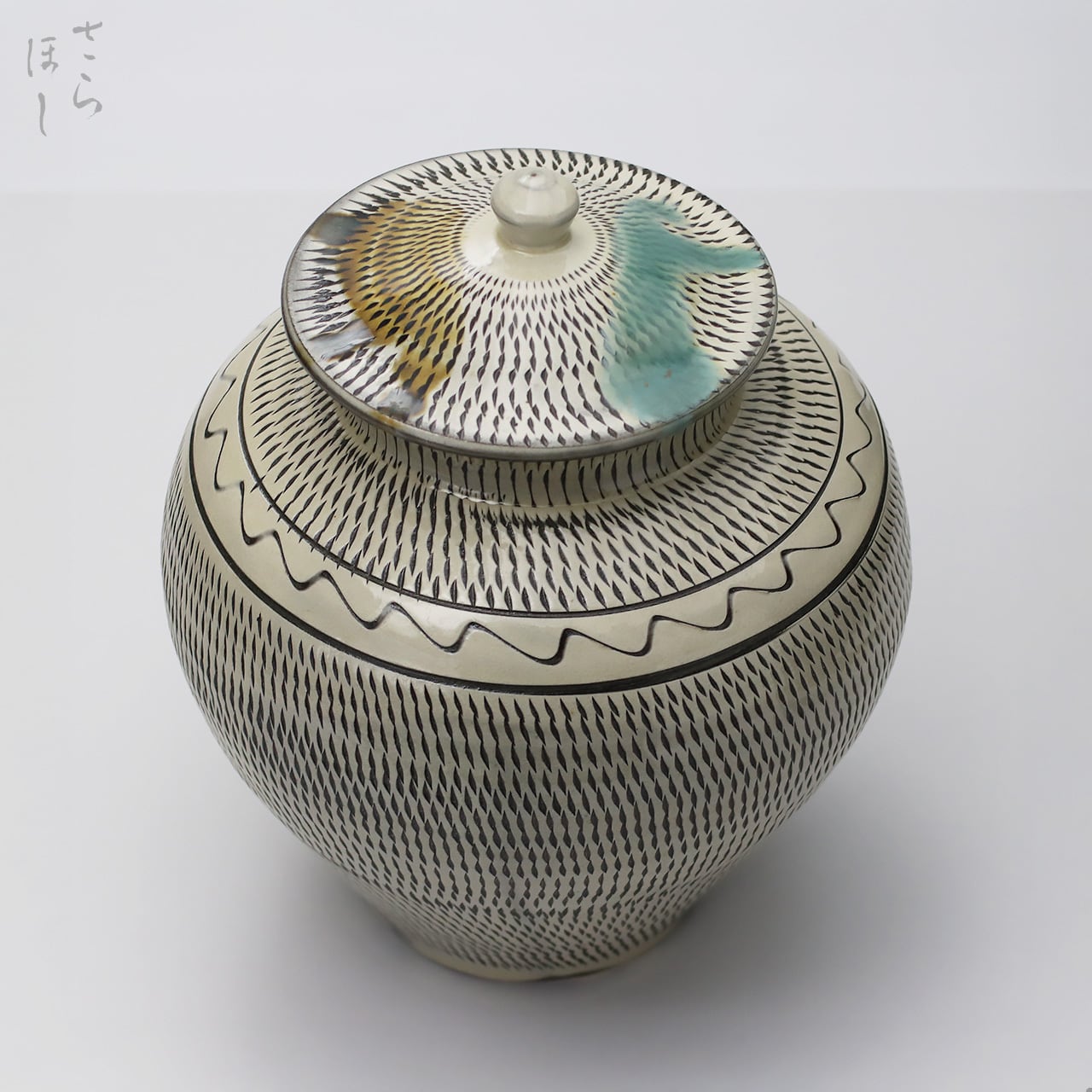 一点もの】小鹿田焼 小袋窯 2升蓋付き壺 飛びかんな/櫛描き/打ち掛け