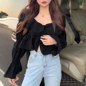 フリル ブラウス レディース 春夏秋 韓国 トップス おしゃれ 大人 かわいい きれいめ パフスリーブ 胸元フリル 上品 大人可愛い 大人女子