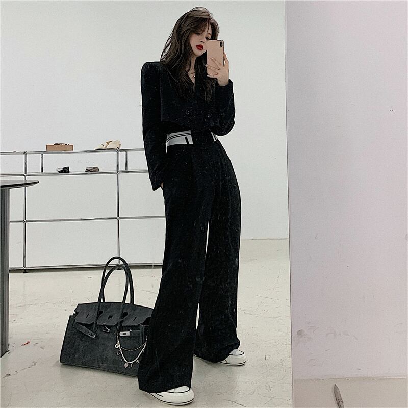 ブラックハイウエストスーツカジュアルパンツレディース初秋ワイドレッグルーズストレートパンツ2020新作ドレープモップパンツ ブラックストロベリース65550157539