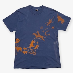 90s｜Fruit of the Loom｜プリントTシャツ｜ペトログリフ サウスウエスタン Dallas ネイティブ柄 ネイビー USA製｜B