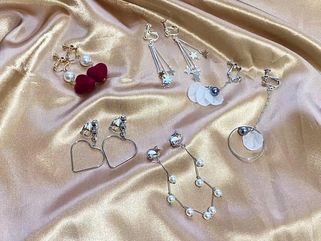イヤリング5点セット　ハート　ロング　パール　スター　フラワー　ネジバネ式とクリップ式　