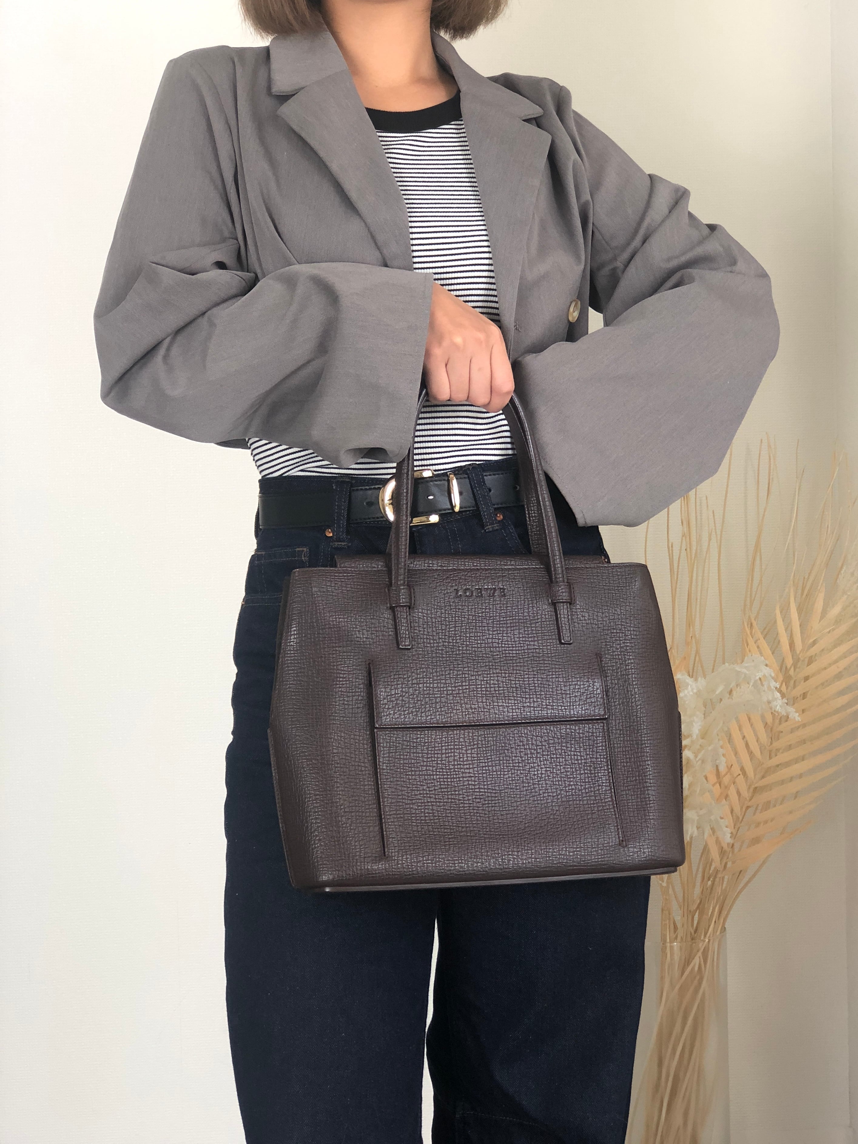 LOEWE ロエベ ハンドバッグ ブラウン ロゴ レザー 型押し vintage ヴィンテージ オールド zfvfp7
