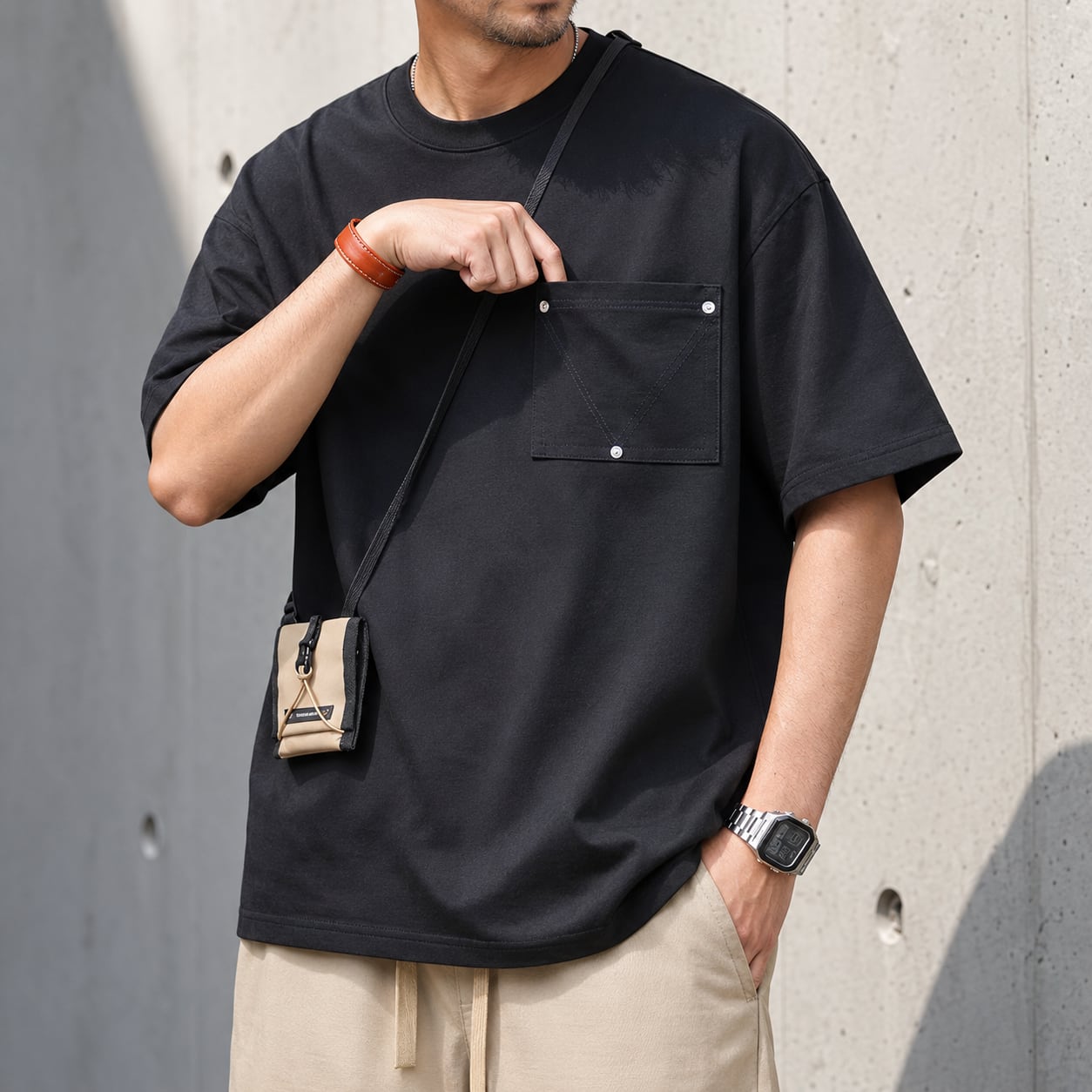 【H0365】Crew Neck Short Sleeve T-Shirt with Patch Pocket / 4color