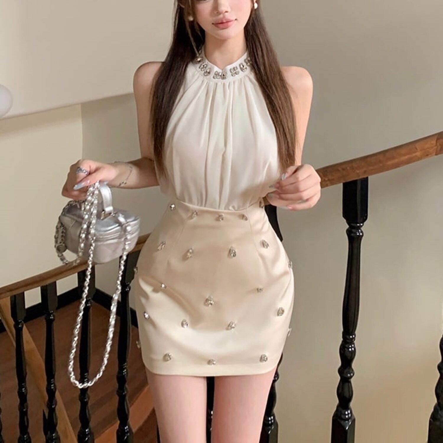 【set】ビジューノースリーブトップス×スカートセット M23484