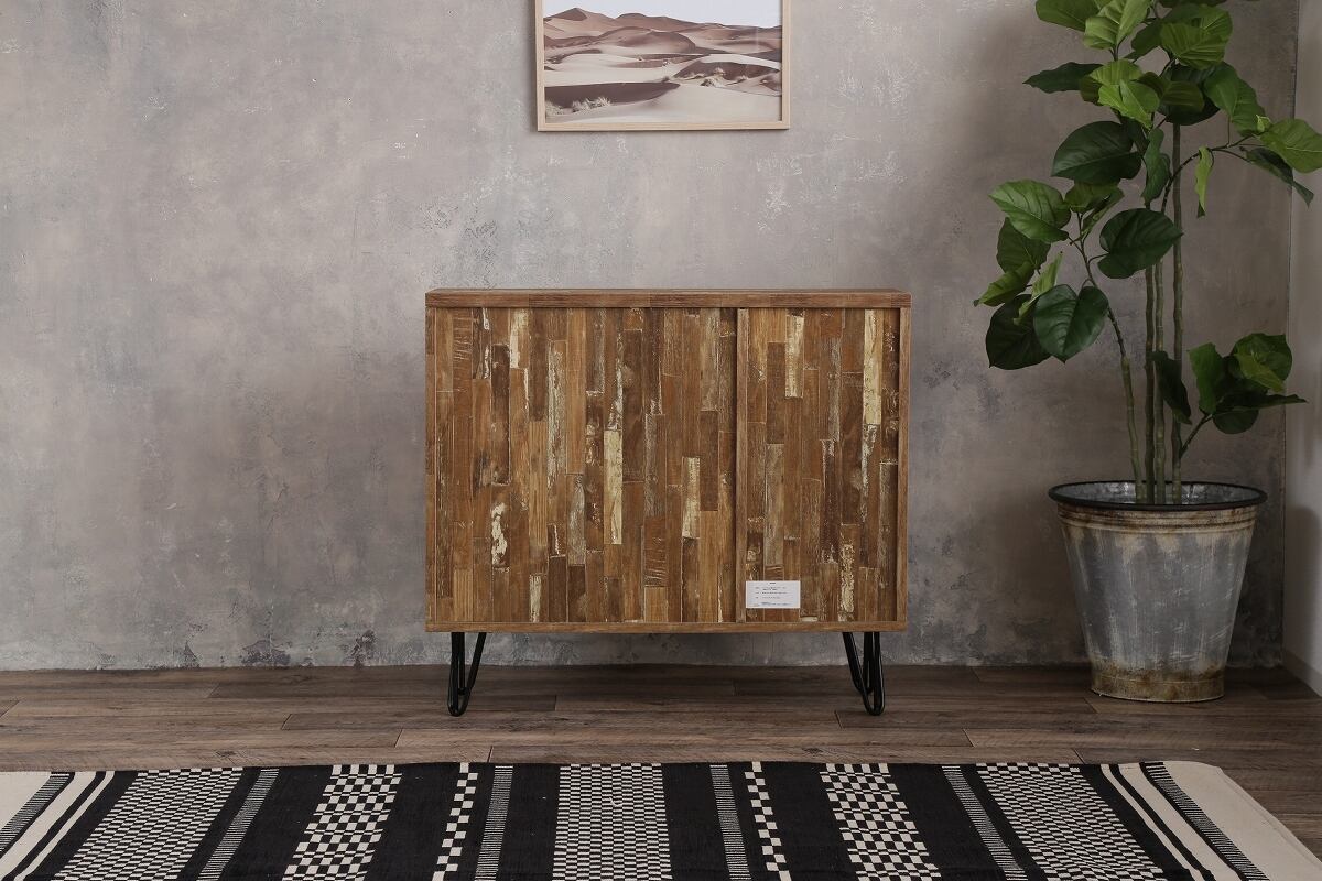 寄木柄デザインのヴィンテージ風扉付ミドルボード