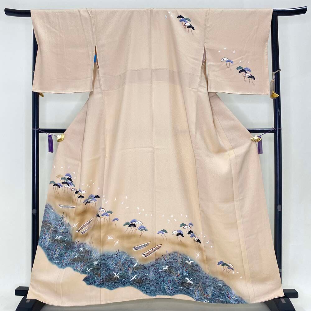 付け下げ 訪問着 中古 オレンジ ベージュ 花柄 古典 裄丈67cm 身丈  