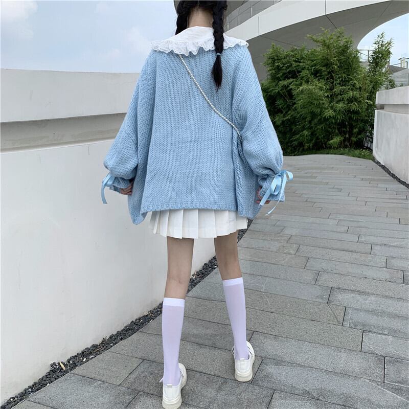 ニット セーターラウンドネック長袖 長そでスリーブ 袖ブルー 青ニット