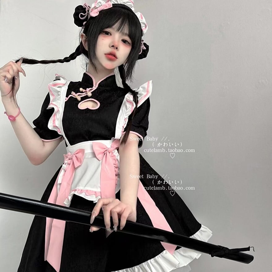 チャイナ風 メイド服 ヘアドレス付き 穴あき ワンピ 半袖 メイドカフェ