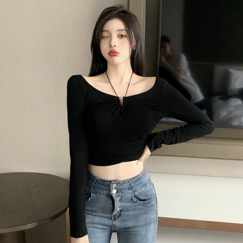 オータムTシャツ スリムショートトップス ロング 秋物 オフショルダー ハンチェンe56605718235