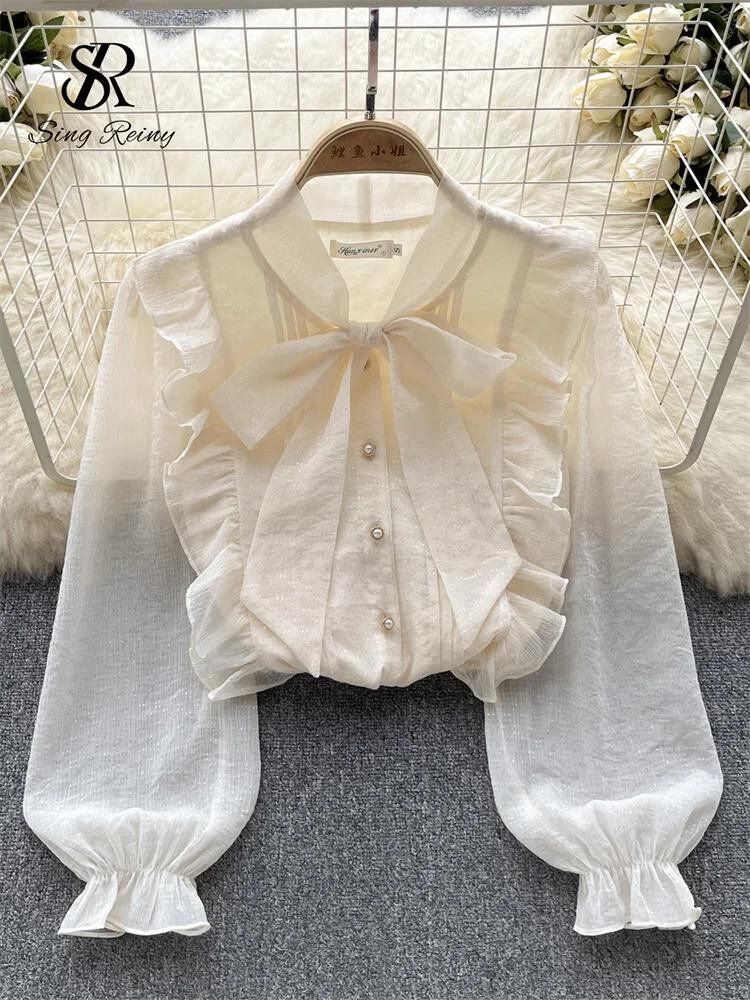 Sing補強-女性用フレンチスタイルのオフィスシャツ、ルーズトップ、ボウネック、ロングフレアスリーブ、光沢のあるフリル、ヴィンテージブラウス、シック、ホットソフト_104