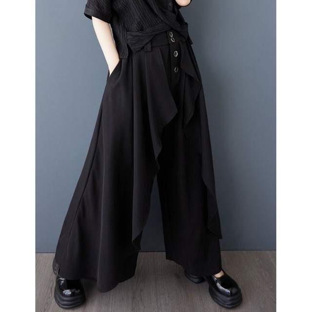 BLACK FLAP TRIMMED WIDE LEG PANTS 1color M-13271