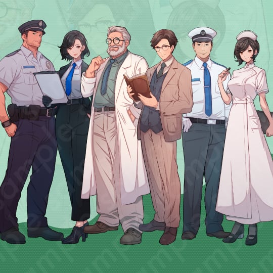 立ち絵素材6人セット】医者・看護師・教師・警察・秘書・車掌男女の