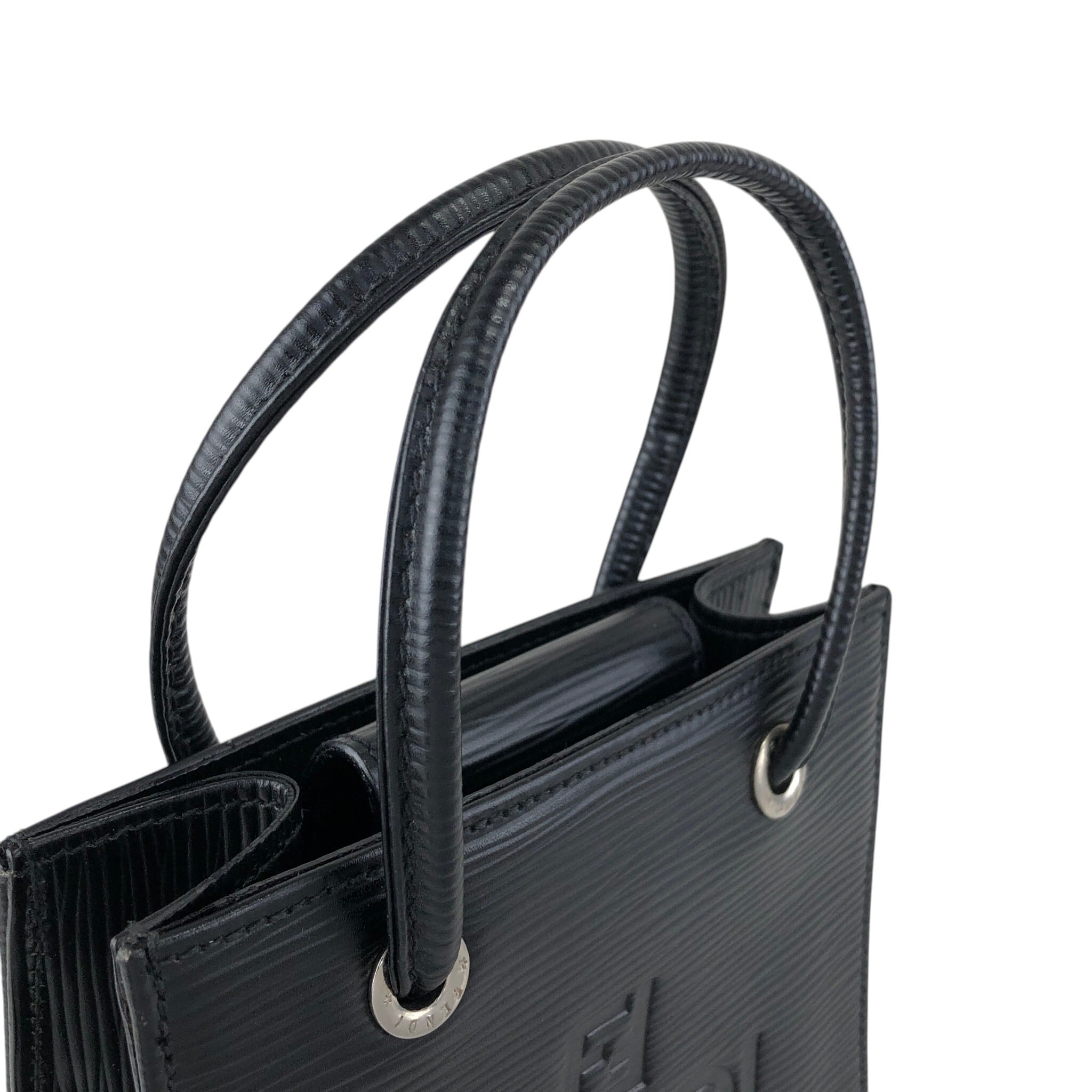 FENDI スパイラル ハンドバッグ オールレザー ブラック ヴィンテージ 黒 FENDI フェンディ ハンドバッグ ブラック ロゴ型押し レザー ミニ