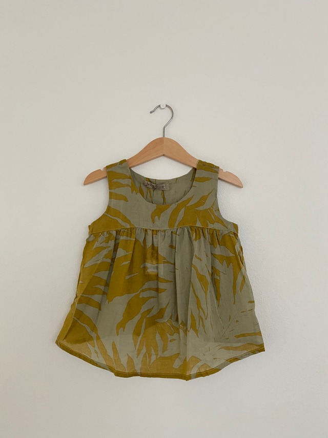 【即納】ボタニカル柄 ギャザー切り替え アースカラー ノースリーブトップス