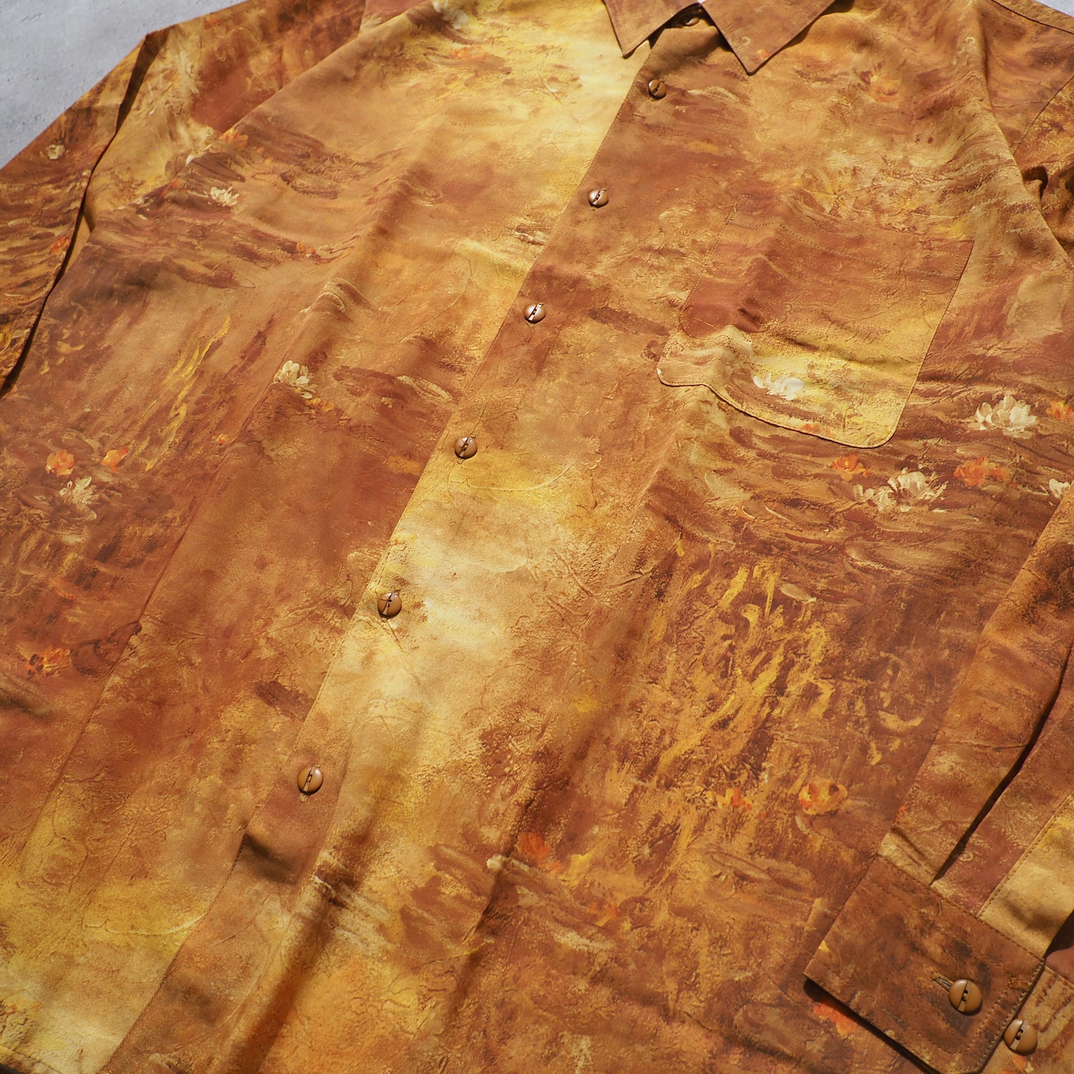 1980s " 睡蓮 " Beautiful oil painting Art vintage Drape loose shirt