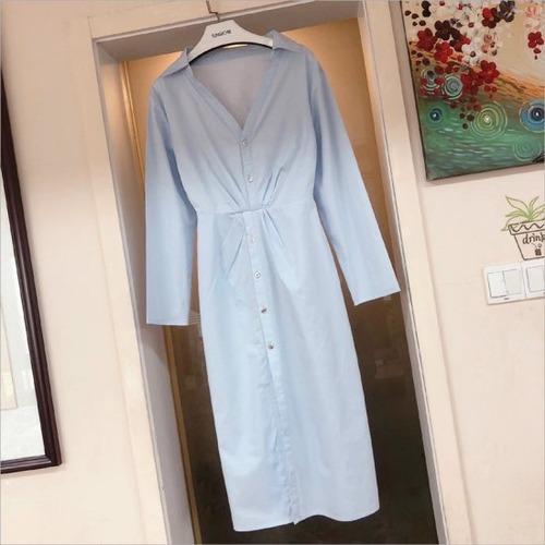 シャツワンピース レディース 大きいサイズ Vネック フレンチ 無地 ハイウエスト ブルー 青 ミドル丈 コットン 綿 半袖 夏 Aラインスカート エレガント 10代 20代 シンプル