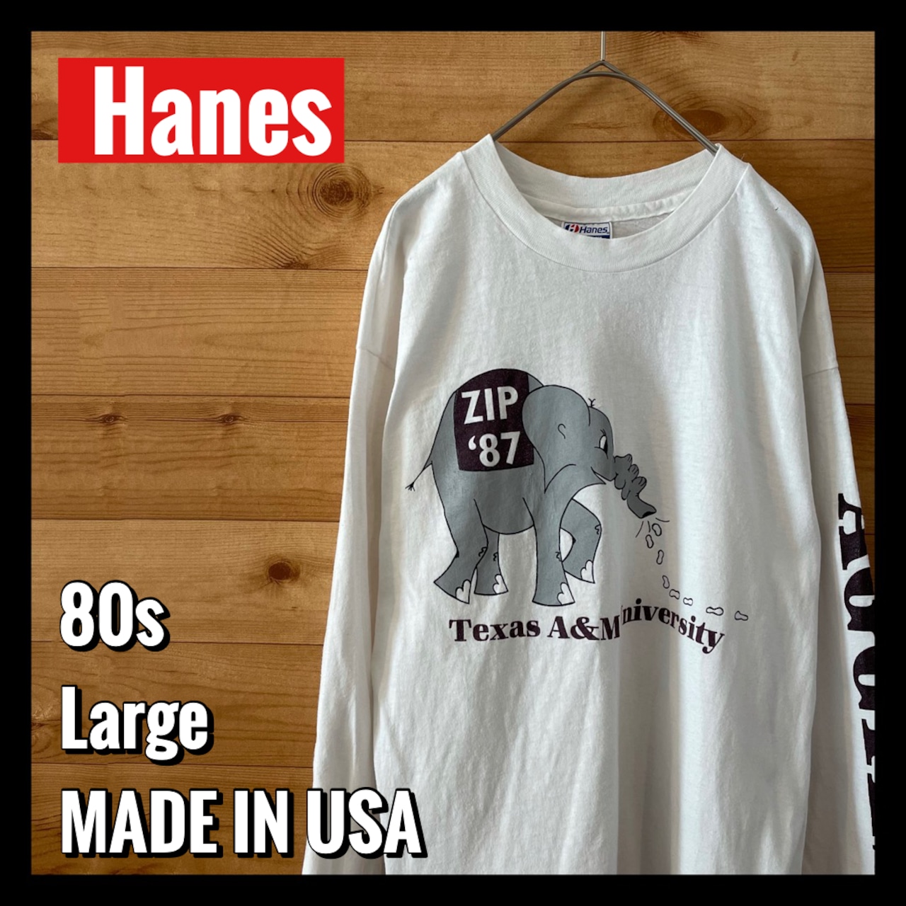 【Hanes】80s USA製 長袖 ロンT 袖プリント バックプリント A&M大学 カレッジ アメリカ古着